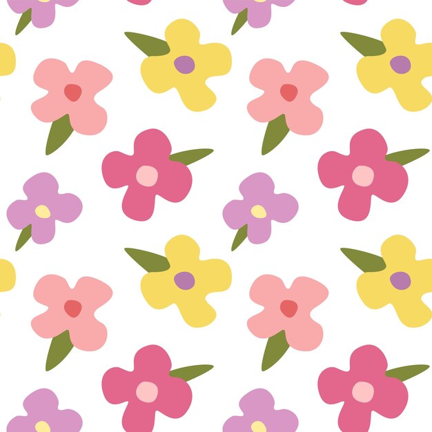 Vector seamless pattern with simple bright flowers in random order