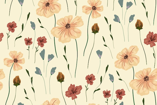 Vector seamless pattern with simple delicate flowers on a light background spring floral print romantic botanical background with small wild flowers simple floral surface with hand drawn plants vector