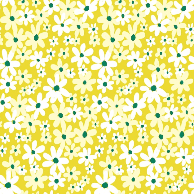 Seamless pattern with simple sketch daisies Liberty composition of small white flowers on a yellow background Summer floral print hand drawn floral surface with careless flower heads Vector