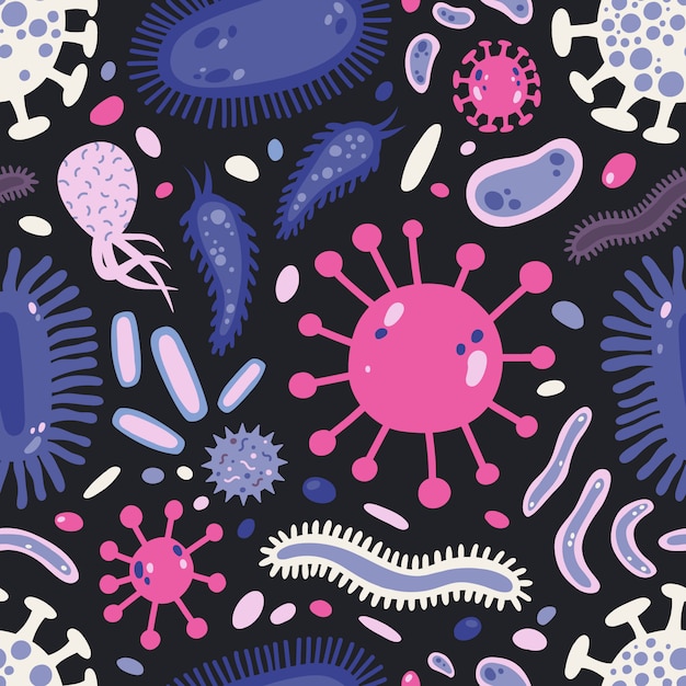 Modello senza cuciture con microrganismi a singola cellula o organismi microscopici. germi, prioni, agenti patogeni, batteri, virus nocivi. illustrazione piatta dei cartoni animati.