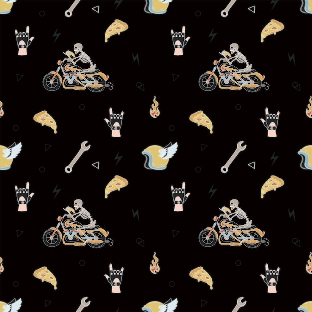 Seamless pattern with a skeleton on a motorcycle and other elements For t shirt prints