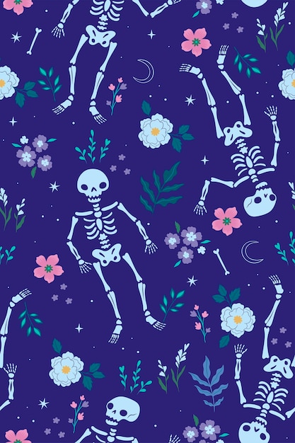 Vector seamless pattern with skeletons and flowers vector graphics