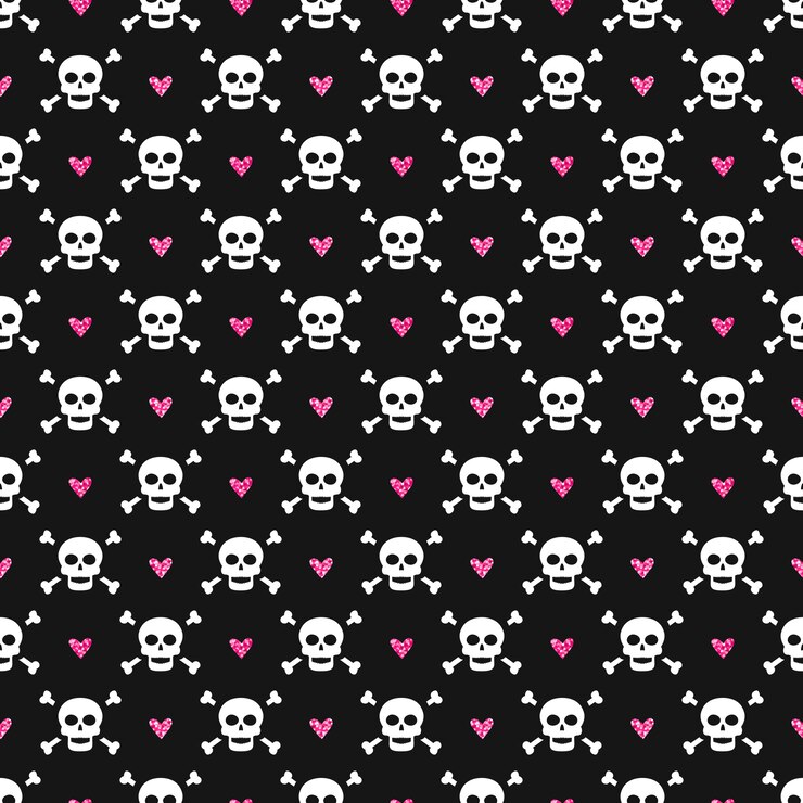 Seamless pattern with skulls and glittering hearts. 