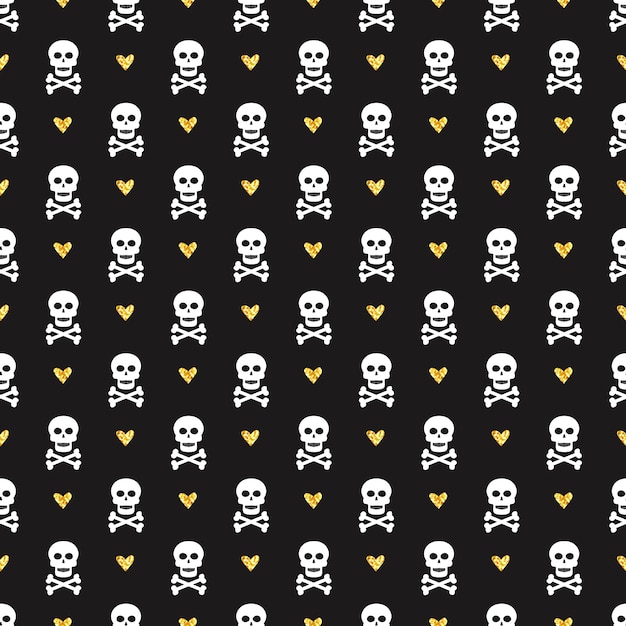 Seamless pattern with skulls and glittering hearts.