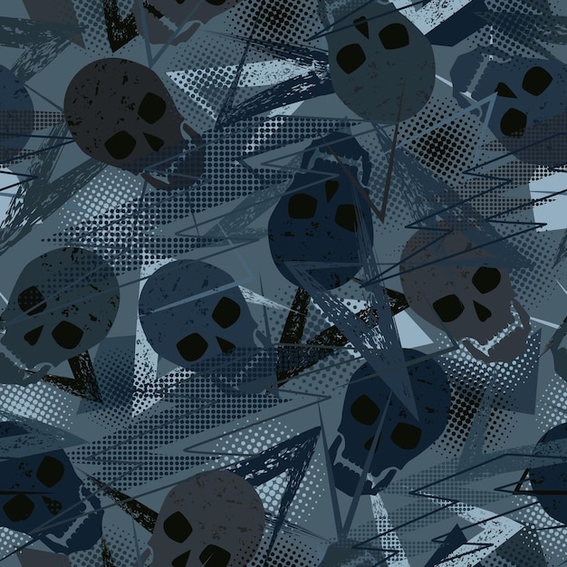 Seamless pattern with skulls grunge paint brush stroke dotted halftone shapes