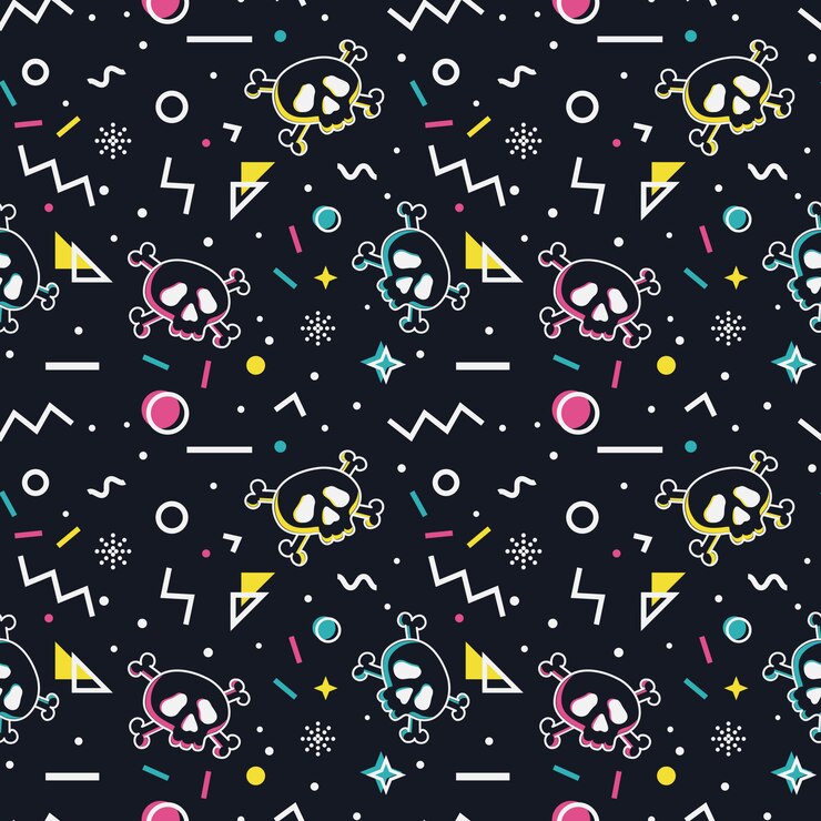 Seamless pattern with skulls. Memphis style.