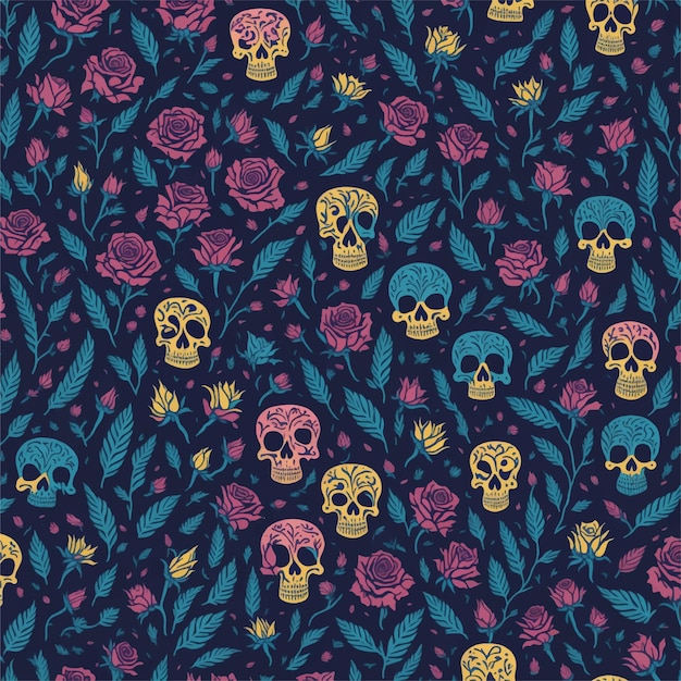 Vector seamless pattern with skulls and roses on a dark background.