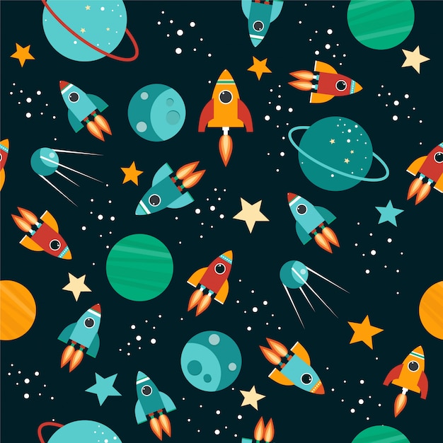 Seamless pattern with sky, stars, planets, rockets.