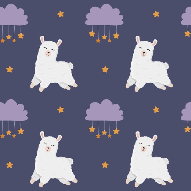 Seamless pattern with sleeping alpaca clouds and stars in the sky Background for wrapping paper textile posters nursery decoration Cute llama