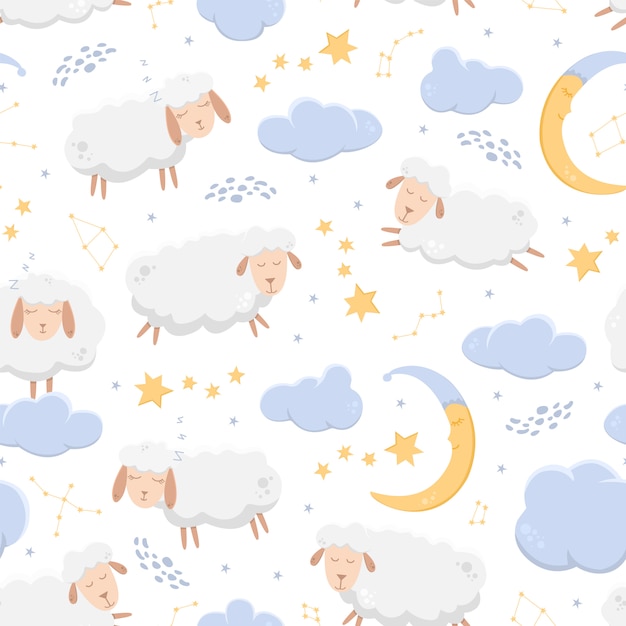 Seamless pattern with sleeping sheep flying across the starry sky among clouds and constellations.