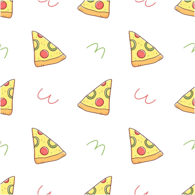 Seamless pattern with slice of pizza in doodle style on white background food illustration