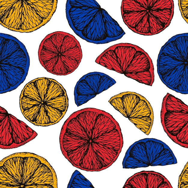 Seamless pattern with slices of oranges in freehand drawing style Bright juicy yellow red blue citruses for fabric packaging wrapping paper and stationery mulled wine design