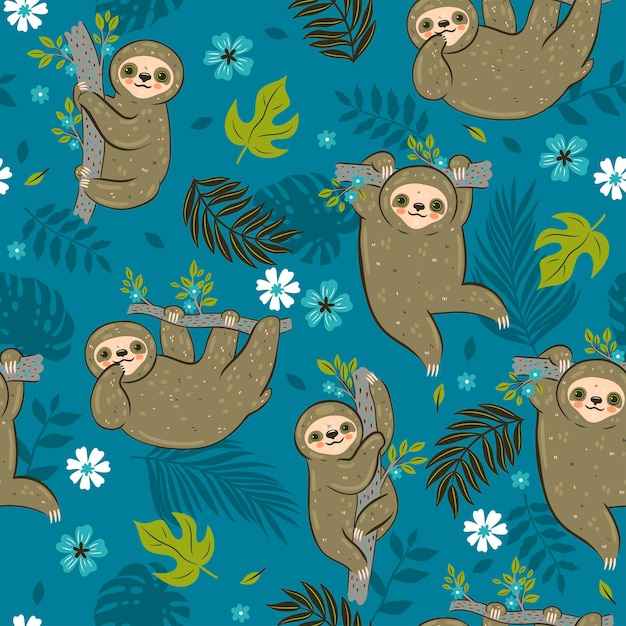 Seamless pattern with sloths and tropical leaves Vector graphics