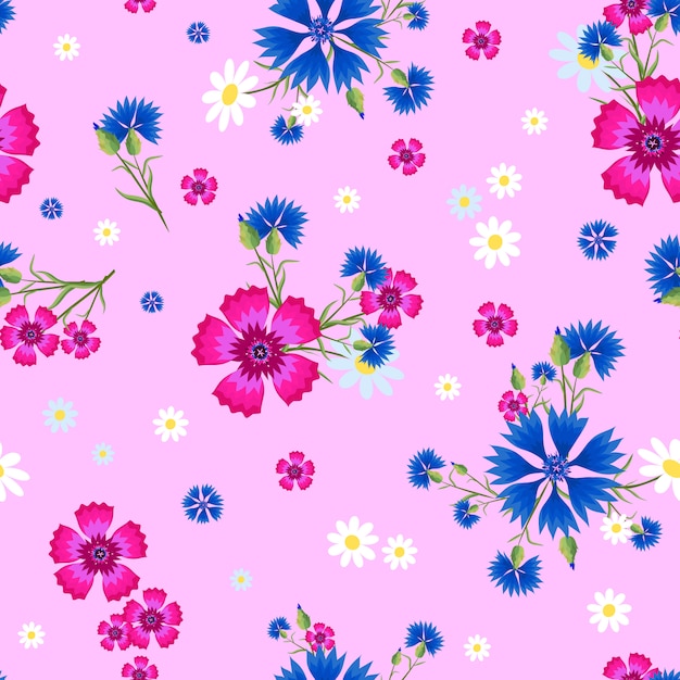 Seamless pattern with small and big white daisies, carnation and blue cornflowers