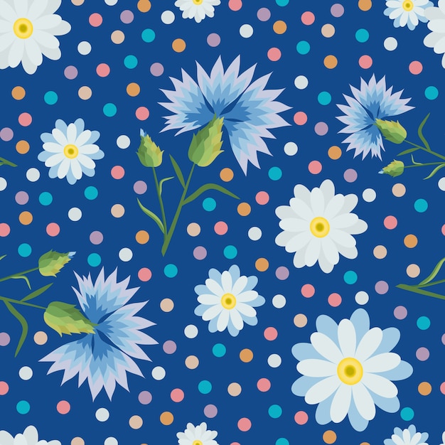 Seamless pattern with small and big white daisies, cornflowers,colorful dots