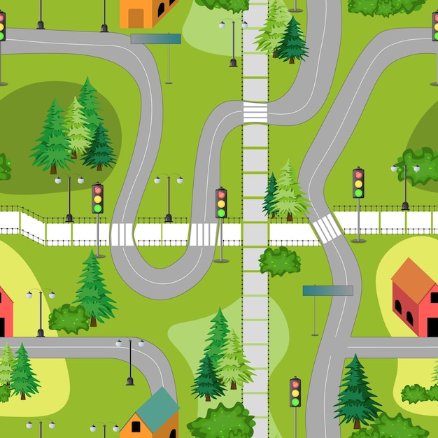 ベクトル 小さな可愛い町の地図のシームレスなパターン 家,木,道路,カラフルなベクトルイラスト