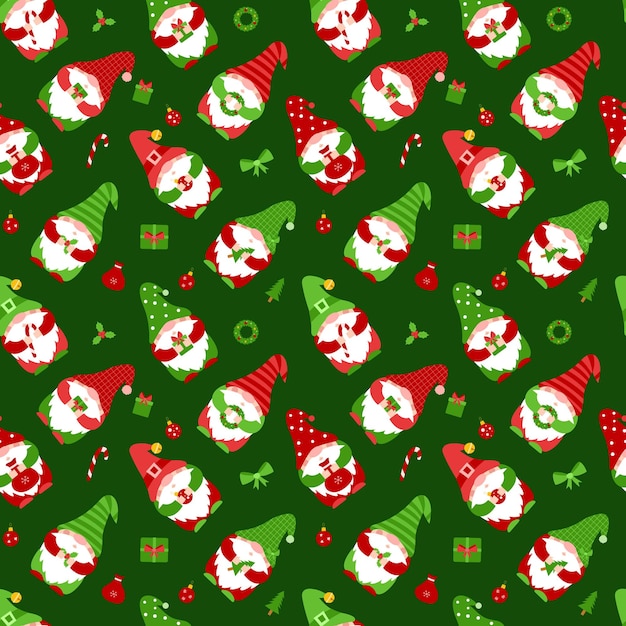 Seamless pattern with small gnomes in caps Cute Christmas elf characters holding gift candy christmas ballFlat vector elements for fabric wallpaper wrapping paper Christmas dwarfs on dark green