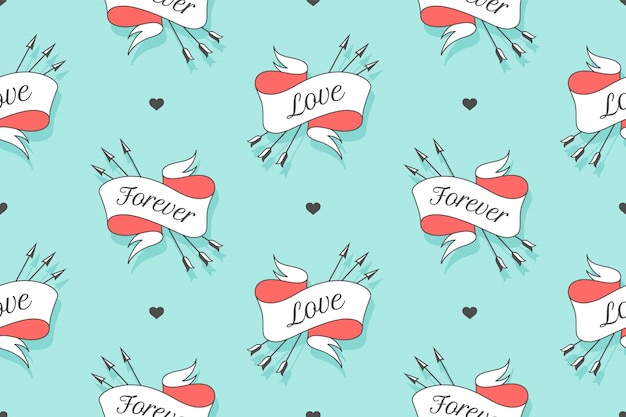 Seamless pattern with small hearts and ribbons with arrows with the text forever