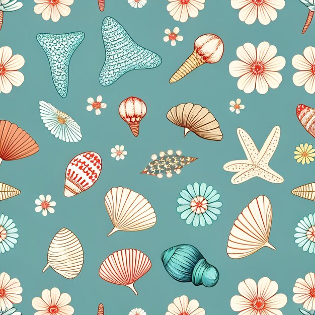 Seamless pattern with small nauticalthemed flowers and seashells on a teal background