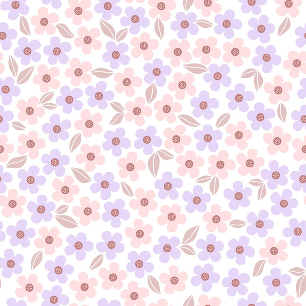 Vector seamless pattern with small pink and lilac flowers on a white background.