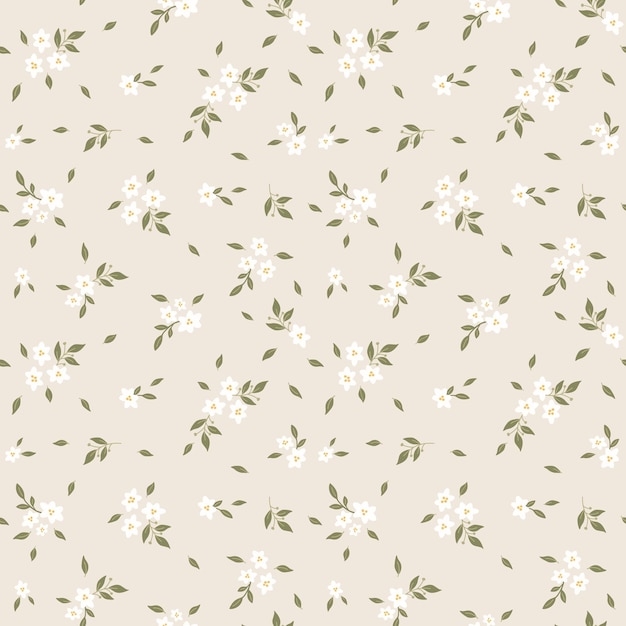 Бесшовный узор с маленьким белым цветком и зелеными листьями. Дитский принт. Цветочный фон.