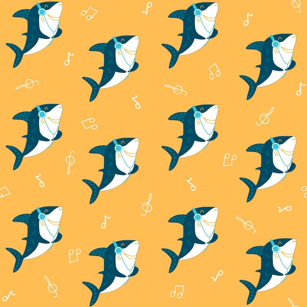 노란색 배경에 이어폰과 음악 노트가 있는 미소 짓는 푸른 상어와 원활한 패턴
