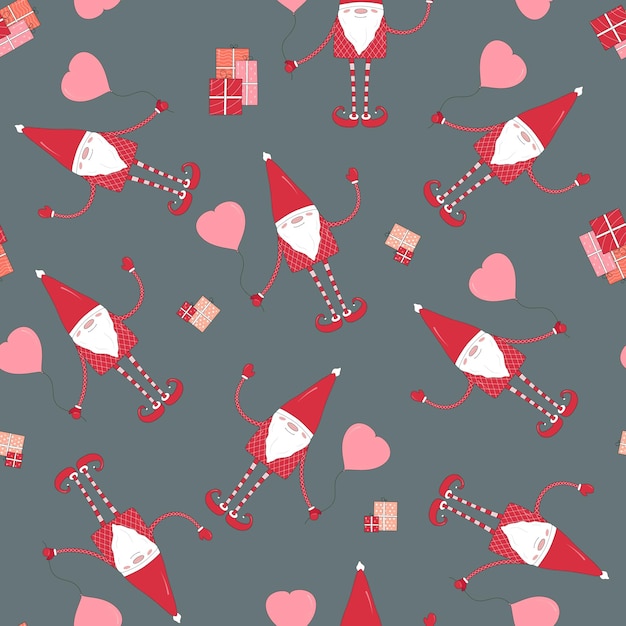 Seamless pattern with smiling cartoon character gnome and gift