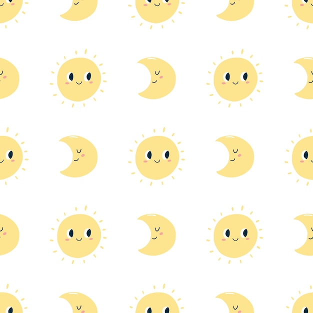 Бесшовный узор с улыбающейся каваи луной и солнцем Векторная ручная текстура для оберточной бумажной ткани с принтом детской текстильной обложки