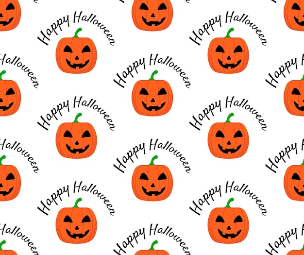 笑顔のカボチャ ランタンとハッピー ハロウィン レタリング ベクトル図とのシームレスなパターン