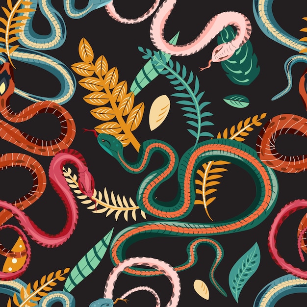 Seamless pattern with snakes and plants. colorful wallpaper on a tropical theme on dark background.