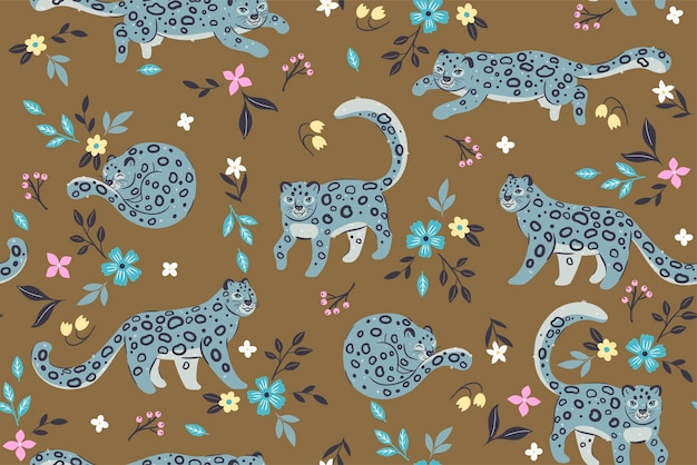 Seamless pattern with snow leopards and flowers Vector graphics