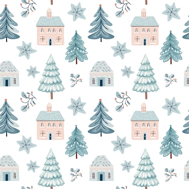Seamless pattern with snowflake house and tree Vector hand drawn christmas elements Winter background