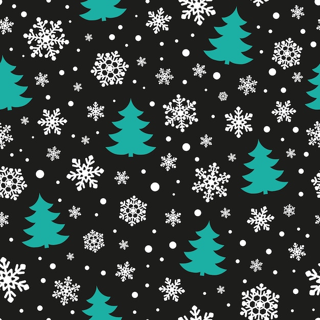 Seamless pattern with snowflakes and Christmas trees on black background