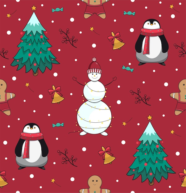 Seamless pattern with snowman penguin and christmas tree New year's and christmas