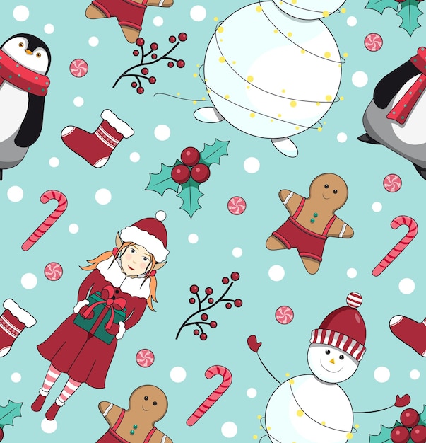 Seamless pattern with snowman penguin elf man cookies lollipop and sock for gifts New Year's and Christmas