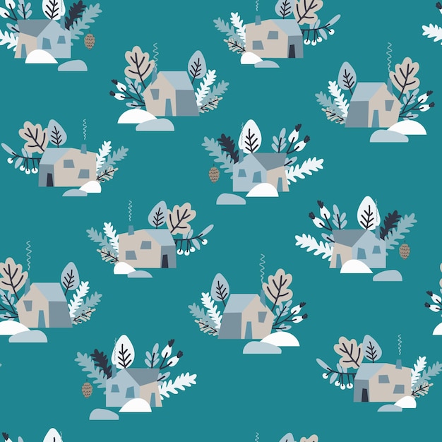 Vector seamless pattern with snowy houses fir tree branches frozen leaves berries on dark aqua background winter holiday nature concept