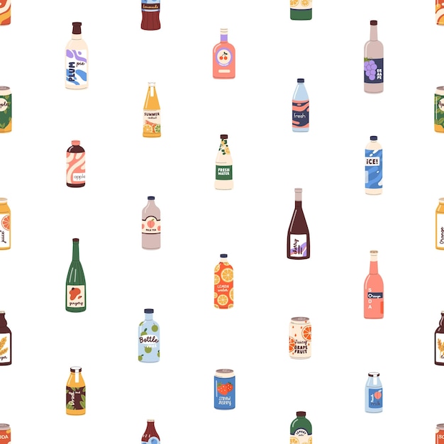 Seamless pattern with soda drinks, fruit lemonades. endless background, repeating print, juice bottles, summer refreshments, sugar water in cans, cold beverages. colored flat vector illustration