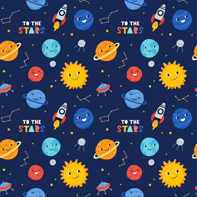 Seamless pattern with solar system kids cartoon Rocket UFO planets Illustration great for wallpaper textile and texture design Kids design fabric wrapping apparel