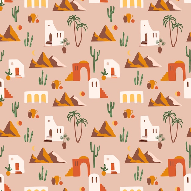 Seamless pattern with southern landscape. mediterranean, north africa