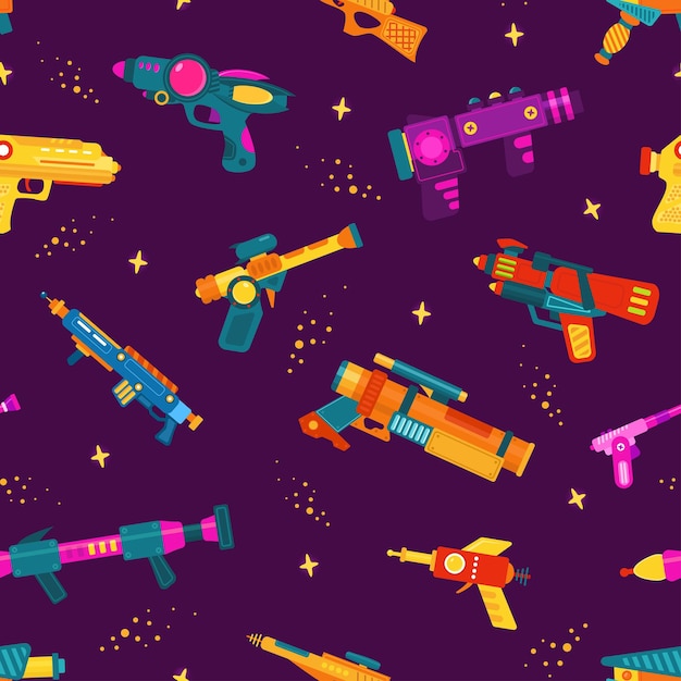 Seamless pattern with space blasters on purple background