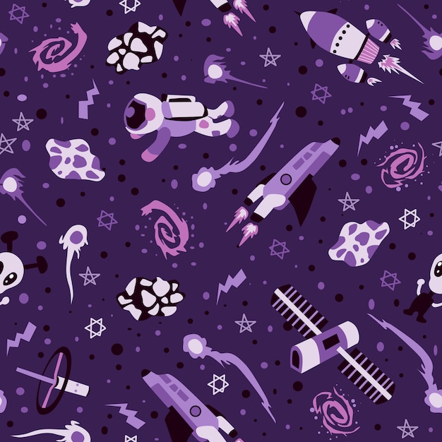 Vector seamless pattern with spaceships and stars