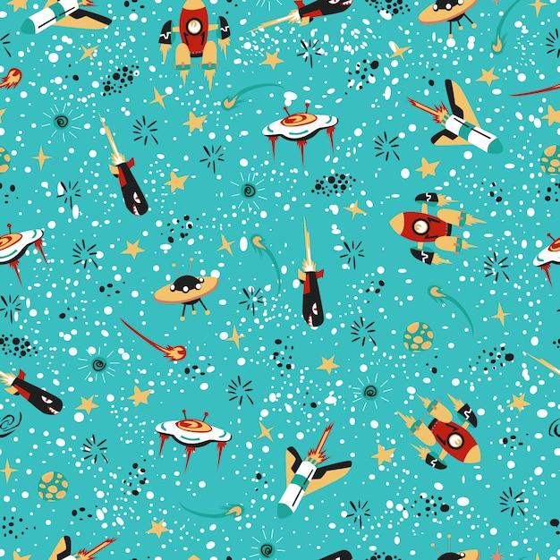 Vector seamless pattern with spaceships and stars