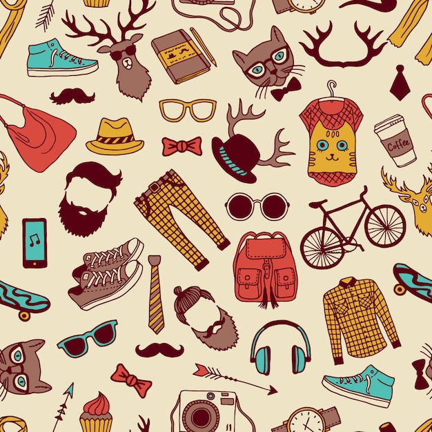 Seamless pattern with specific elements of hipster style. Hand drawn pictures. Hipster background texture with glasses and animal. Vector illustration