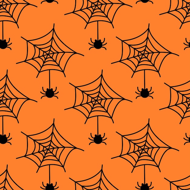 Seamless pattern with spider web and  spider isolated on orange background vector flat illustration