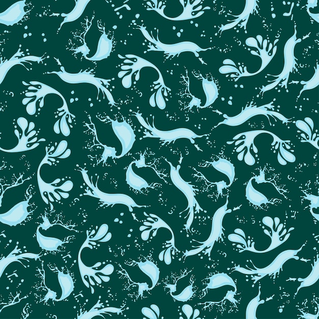 Seamless pattern with splashes and splashes of water on a dark turquoise background