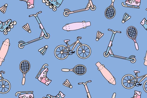 Seamless pattern with sports equipment Colorful handmade sports equipment Pattern on the theme of sports healthy lifestyle Background for use in design packaging website fabric Vector