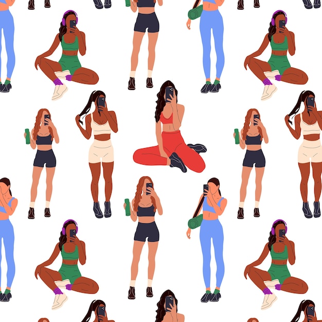 Vector seamless pattern with sporty young girls taking a selfie on smartphonefit woman in gym athletic