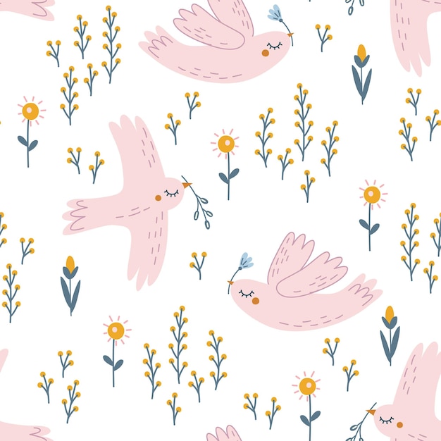 Seamless pattern with spring birds and flowers in delicate colors