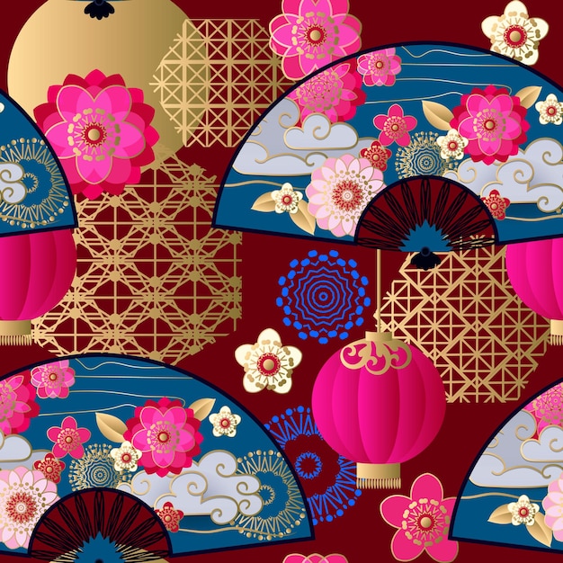 Vector seamless pattern with spring chinese fans