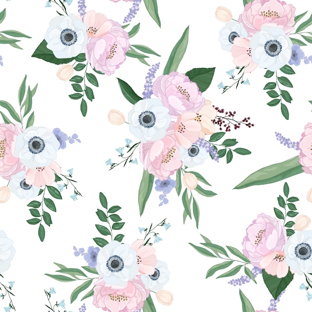 Vector seamless pattern with spring flowers and leaves